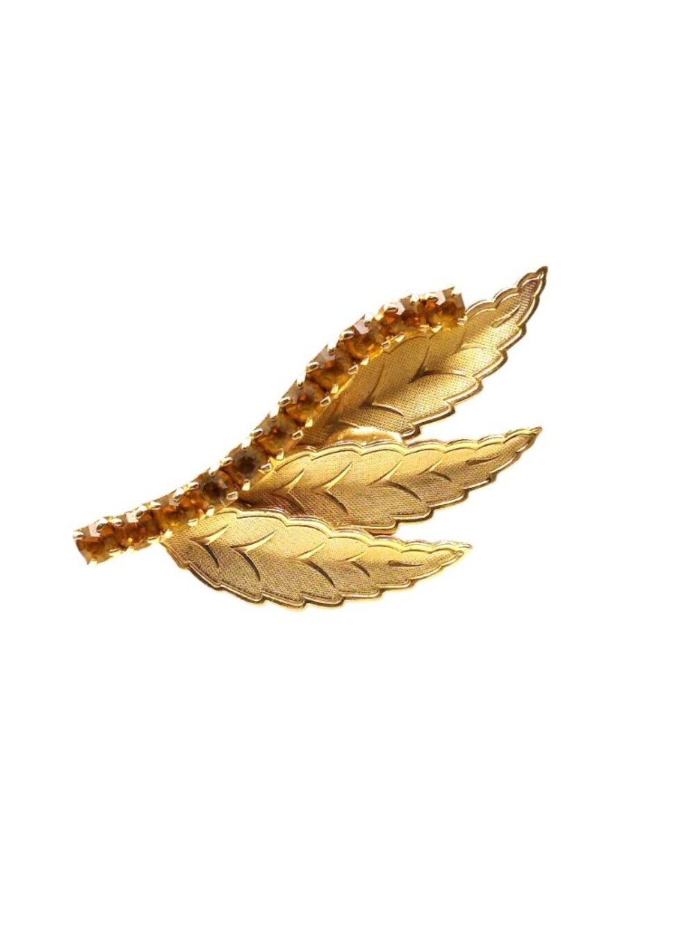 Elegant Vintage Autumn Leaf Brooch, Topaz Colored Crystal Channel with 3 Brushed - Picture 2 of 4
